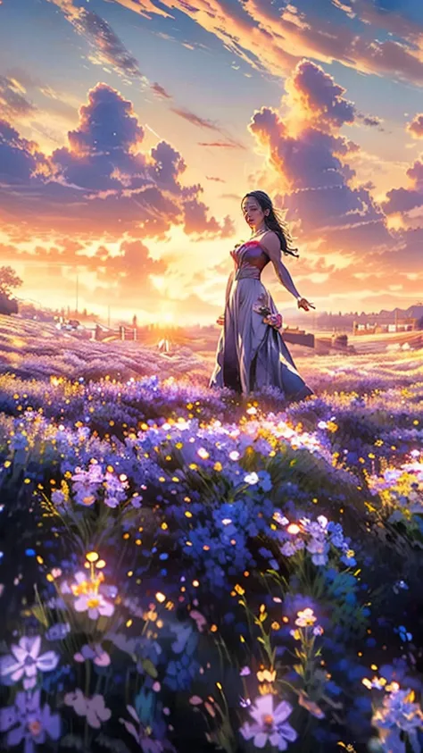 (( Masterpiece,  top quality,  Max Image Quality,  high resolution,  photorealistic,  RAW Photo , 8k)), 夕日を背景にした紫色のFlower Field, really  beautiful nature ,  lilac sun rays ,  lavender field in full bloom ,  beautiful nature ,  purple sky,  purple beautiful...