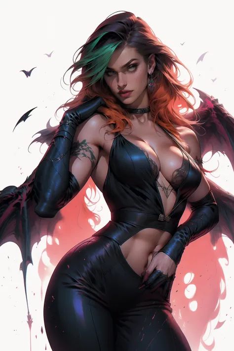 (1girl, solo, masterpiece, 4k, best quality:1.2, ((cowboy shot)), best quality:1.2, NICE HANDS, COLORFUL, (perfect hands, perfect anatomy)), morrigan aensland, green eyes, green hair, long hair, blunt bangs, head wings, pink lips, leotard, bare shoulders, ...