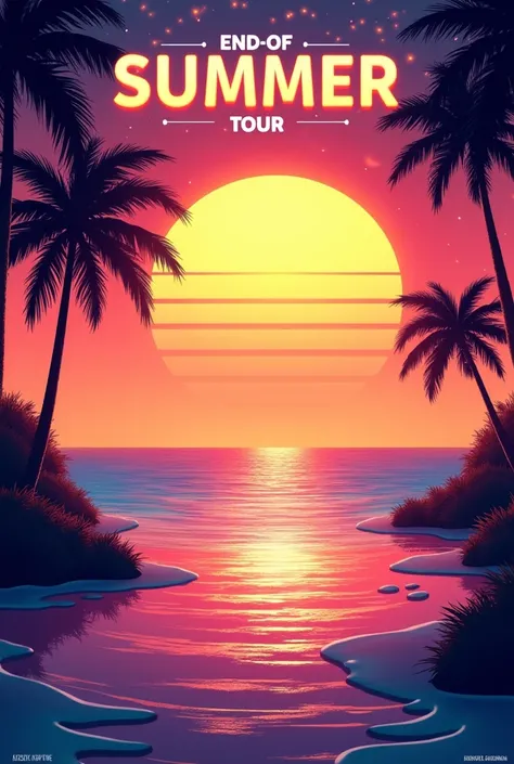 A vibrant and stylish Instagram Story-style tour flyer for a DJ, designed with a summer theme. The background features a tropical sunset beach scene, incorporating warm colors like orange, pink, purple, and deep blue, smoothly blended to create a sunset vi...