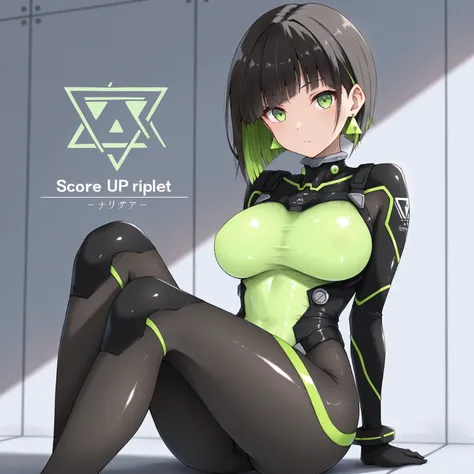 masterpiece, (((( best quality )))),1 girl, Japanese Anime ,character profilele,shiny skin, wearing a black pilot suit, dark hair, short bob hair,The inner color of the hair is green, green eyes,isosceles triangle earrings, black tights,large breasts