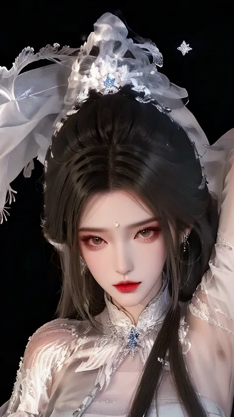 In a fantasy world ， The live-action version of Lu Xueqi descends like a fairy 。 She wears a long, icy blue dress ，The skirt flutters in the wind， as if blending in with the surrounding clouds 。She has a beautiful face， skin is flexible ， Her eyes are clea...