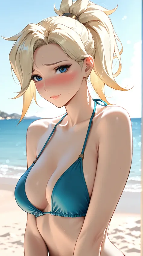 Masterpiece, 1girl, elegant mature woman,  Mercy (overwatch),long hair,slim, tall, dynamic lighting, ultra detailed, highres, absurdres, home,stunning visual cg, blushing, nervous, (beach, bikini), upper body shot