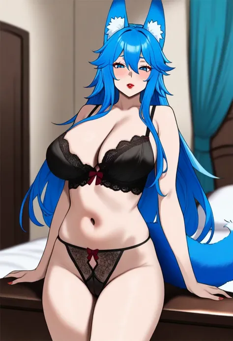 best quality, amazing quality, very aesthetic, absurdres,
1girl, fox ears, fox tail, long hair, blue hair, blue eyes, red lipstick, cleavage, lingerie, bedroom,