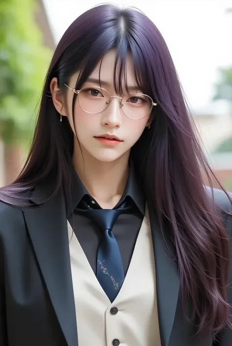 handsome male lecturer figure,  wearing a slimfit black shirt combined with a white vest and also a tie, wearing reading glasses with disheveled hair , , to the left and to the right is a beautiful woman, on the left a purple haired gradated sorority with ...