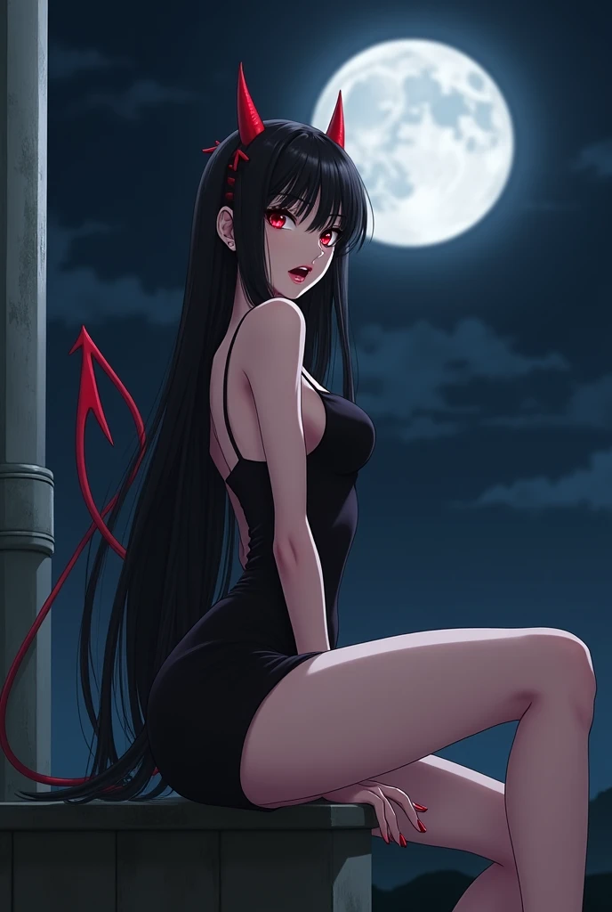 1woman, long straight black hair, parted bangs, tiny waist, voluptuous curves, wearing a little black dress mid thigh, slit running up the side, thin straps, pale ivory skin, long dark eyelashes, tiny red horns peeking through her hair on top of her head, ...