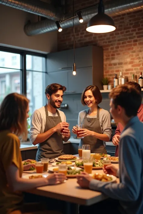 Small kitchen in modern industrial style with happy hour. With Sofia, 28, short hair, helping her boyfriend Gabriel, 30, more formal hair, to cook for another couple of friends.