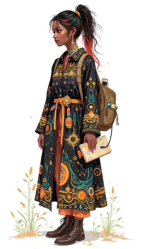 Full-body illustration of a girl with deep, rich ebony skin that contrasts beautifully with the vibrant colors of her attire and accessories. Her hair is styled in a high, messy ponytail with long, colorful streaks of red, blue, green, and yellow woven in...