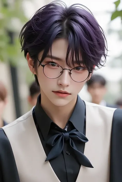 1. handsome male lecturer figure,  wearing a slimfit black shirt combined with a white vest and also a tie, wearing reading glasses with disheveled hair . 2. , to the left and to the right is a beautiful woman, on the left a purple haired gradated sorority...