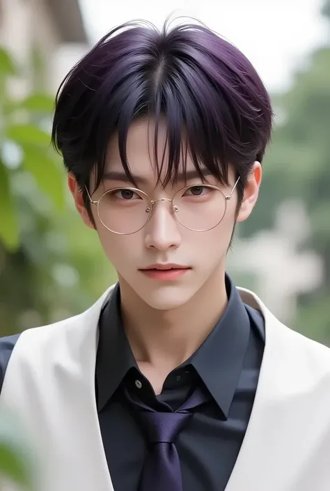 1. handsome male lecturer figure,  wearing a slimfit black shirt combined with a white vest and also a tie, wearing reading glasses with disheveled hair . 2. , to the left and to the right is a beautiful woman, on the left a purple haired gradated sorority...