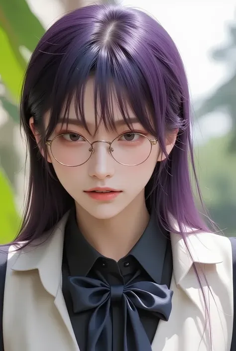 1. handsome male lecturer figure,  wearing a slimfit black shirt combined with a white vest and also a tie, wearing reading glasses with disheveled hair . 2. , to the left and to the right is a beautiful woman, on the left a purple haired gradated sorority...