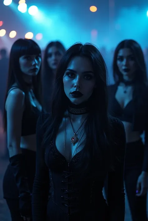 realistic photo of 5 goth girls standing at night on a rock concert, looking at viewer, closeup, dark moody lighting, dramatic shadows, neon lights, fog, gothic fashion, pale skin, dark lipstick, dark eye makeup, dramatic poses, detailed facial features, h...