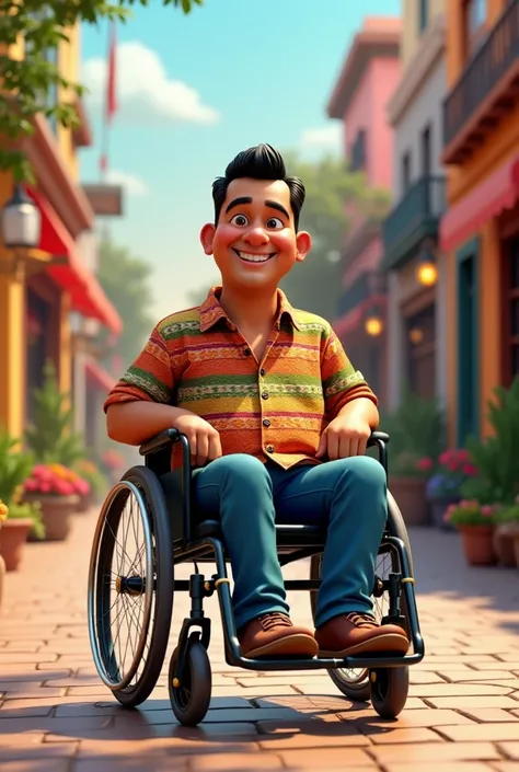 3d realistic cartoon of mexican guy in a wheelchair. Age 30 to 45
