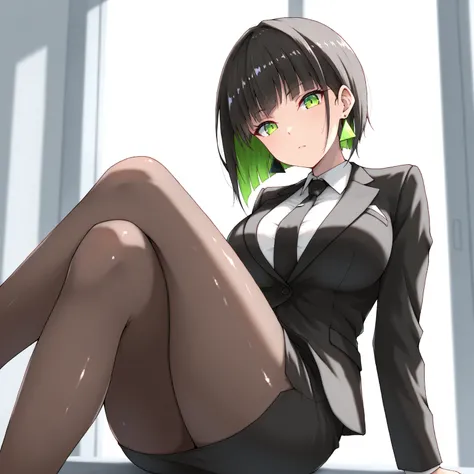 masterpiece, (((( best quality )))),1 girl, Japanese Anime ,,shiny skin, wearing a black suit,skirt suit, black tie , dark hair, short bob hair,The inner color of the hair is green, green eyes,isosceles triangle earrings, black tights,large breasts