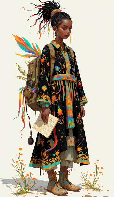 Full-body illustration of a girl with deep, rich ebony skin that contrasts beautifully with the vibrant colors of her attire and accessories. Her hair is styled in a high, messy ponytail with long, colorful streaks of red, blue, green, and yellow woven in...