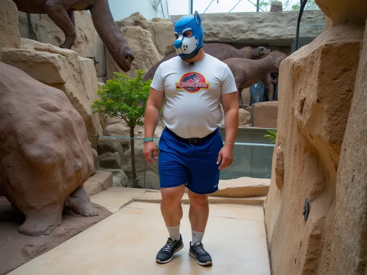  1 young person ,  he wears a blue and white puppy mask and puppy ears ( enjoying the day ) , He is fatter    (is a giant   ),    with a bloated belly, (  wide hips ),    fat legs   , and arms,    he wears a tight Jurassic Park t-shirt and shorts  ,  some ...