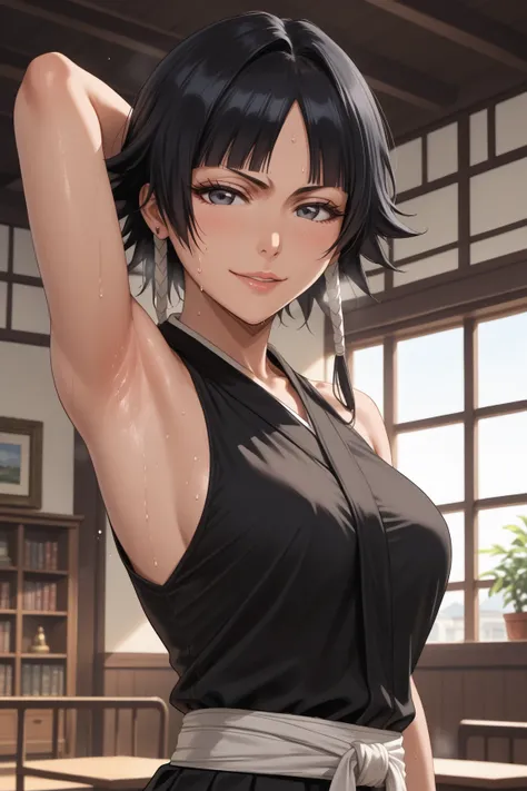 8k, ultra_quality, bleach, soi fon, sexy, sleeveless, best_quality, masterpiece, detailed_outfit, girl, woman, beautiful, short hair, black hair, anime, upper_body, looking_at_viewer, arm_up, one_arm_up, arm_behind_head, armpit, detailed_armpit, perfect_bo...