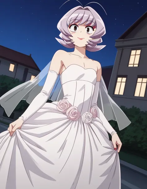 score_9, score_8_up, score_7_up, source_anime,
najimiosana, najimi osana, short hair, brown eyes, purple hair, hair intakes, antenna hair,
flat chest, red lips, red blush, red eyeshadow, wedding dress, long sleeve wedding dress, white dress, long dress, we...