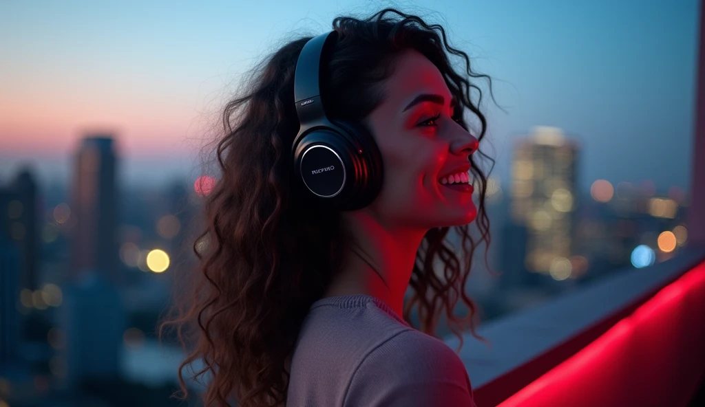 A beautiful young white woman (20–25) with versatile hairstyles—from long, flowing locks to chic short cuts and voluminous curls—stands on a rooftop at dusk, with neon city lights in the background. She wears sleek, modern headphones and her expression rad...