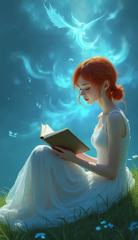 A girl with red hair and freckles under her eyes sits on a hillside reading a book. She is dressed in a transparent wedge dress that glows blue while unknown creatures fly to her 