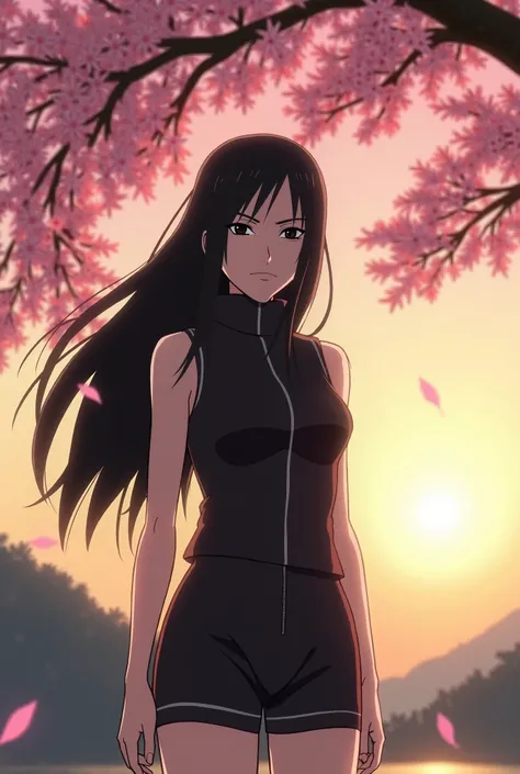 Naruto Shippuden screenshot of a woman from the Uchiha clan with long black hair with black eyes without pupils wearing a black sleeveless jacket wearing black shorts she is under a cherry tree sunset