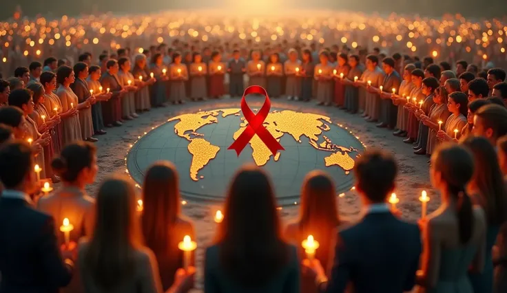 A somber yet powerful image: a world map with a red ribbon wrapped around it, symbolizing solidarity against cancer. The camera zooms out to reveal a sea of people from diverse cultures and ages holding candles, forming a human chain across the globe. Soft...