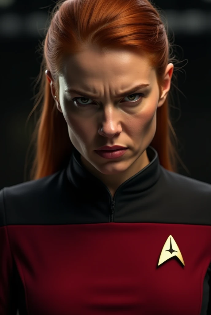 Ask for the face of a redshirt woman. More emotional and looks very angry.