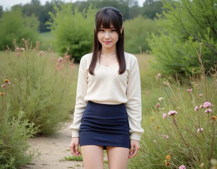 (Realistic, Photorealistic,One Girl,Asian,Ponytail,(Underskirt),Legs Spread,Standing,,Outdoors,(Bushes,Weeds,Flowers),Nature,Lace Panties Visible,Up skirt,,Sandals,Sneakers,Shot from Front,紺のminiSkirt,アイボリー色のSweater,Shirt,