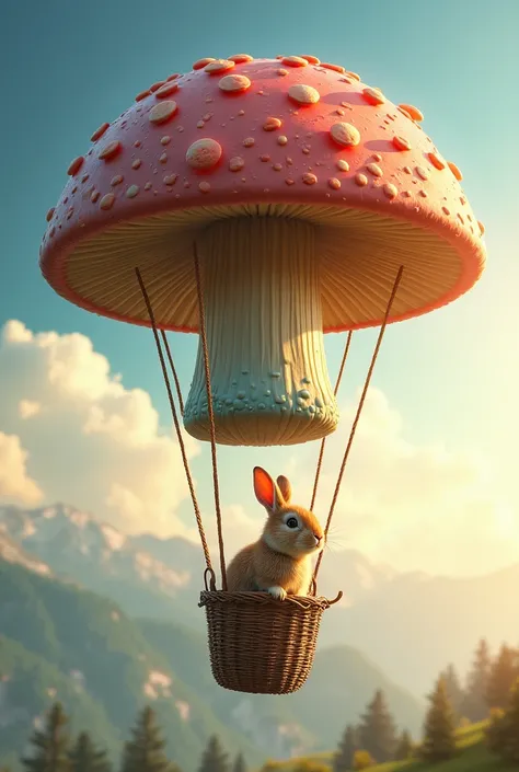 Hot Air Balloon made of mushroom Flying in daylight vibrant colors with Bunny travelling in it