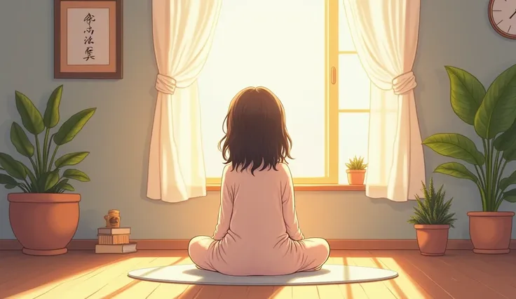 Drawing fanciful anime style picture of a young girl sitting in quiet and relaxing space,  keep the back straight and the body relaxed .  The girl can wear comfortable clothes , như một chiếc áo dài tay  Gentle  hoặc áo phông và quần dài,  create a feeling...