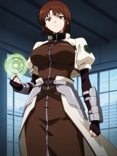  top quality,  great quality,  Very Aesthetic,   is ridiculous,  Masterpiece,  Anime Screenshot, iwakura_ other_\(cell\), Big Breasts、 Magic Girl,  waist cape , gloves, gauntlet ,fingerless  gloves, Open Jacket , Cropped Jacket ,