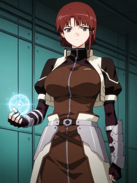  top quality,  great quality,  Very Aesthetic,   is ridiculous,  Masterpiece,  Anime Screenshot, iwakura_ other_\(cell\), Big Breasts、 Magic Girl,  waist cape , gloves, gauntlet ,fingerless  gloves, Open Jacket , Cropped Jacket ,