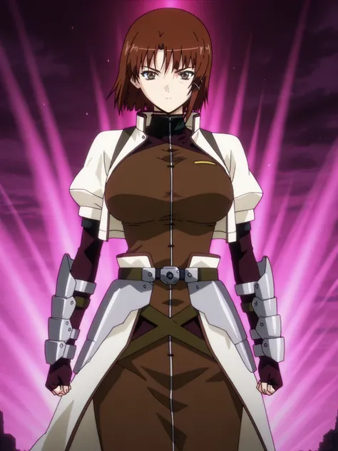  top quality,  great quality,  Very Aesthetic,   is ridiculous,  Masterpiece,  Anime Screenshot, iwakura_ other_\(cell\), Big Breasts、 Magic Girl,  waist cape , gloves, gauntlet ,fingerless  gloves, Open Jacket , Cropped Jacket ,