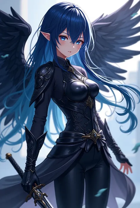 ( top quality,  best angle quality,  official art ,  full body,  and aesthetics :1.2)  Anime Girl, Crow wings on the back,  blue eyes, long blue and black hair , Armadura preta, black shirt,  black pants,  holding sword.
