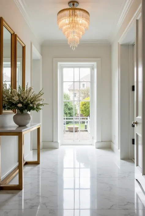 An entryway featuring marble flooring, gold-framed mirrors, a crystal chandelier, and a stunning console table with a vase of fresh flowers. The space is clean and welcoming, with high-end finishes throughout.