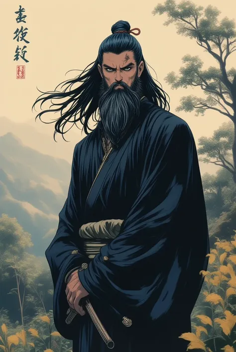 Crie um taoita chines, te.  black hair,  black eyes,  wears a black robe with white details, He is an old man and has a black beard