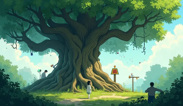 Anime, big tree with big roots. Ghibli style anime, hand drawn