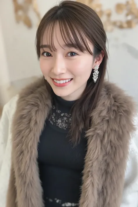 Outside the City Room 、 fur coat、豪華なグレーのミンクの fur coat、Wear leather boots、Luxury Bags、 turtleneck with collar 、 silver necklace and small silver earrings,  Ilionaire Style :1.4））、 full body photo、smile、  caustics、 High Resolution Detailed Photo 、  very beau...