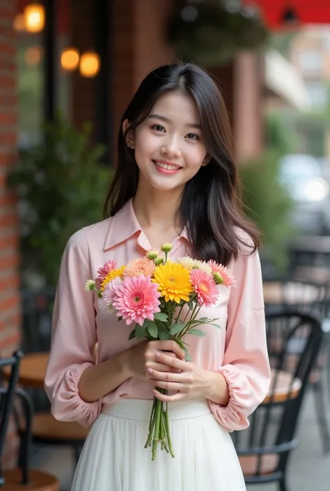 Photo of beautiful Korean woman smiling wearing pink shirt white skirt while holding flowers standing d outside cafe