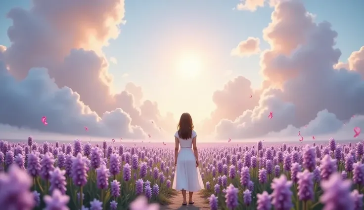 a serene landscape, a woman in a white dress standing in a field of vibrant purple flowers, sunlight streaming through the clouds, peaceful and hopeful atmosphere, (best quality,4k,8k,highres,masterpiece:1.2),ultra-detailed,(realistic,photorealistic,photo-...