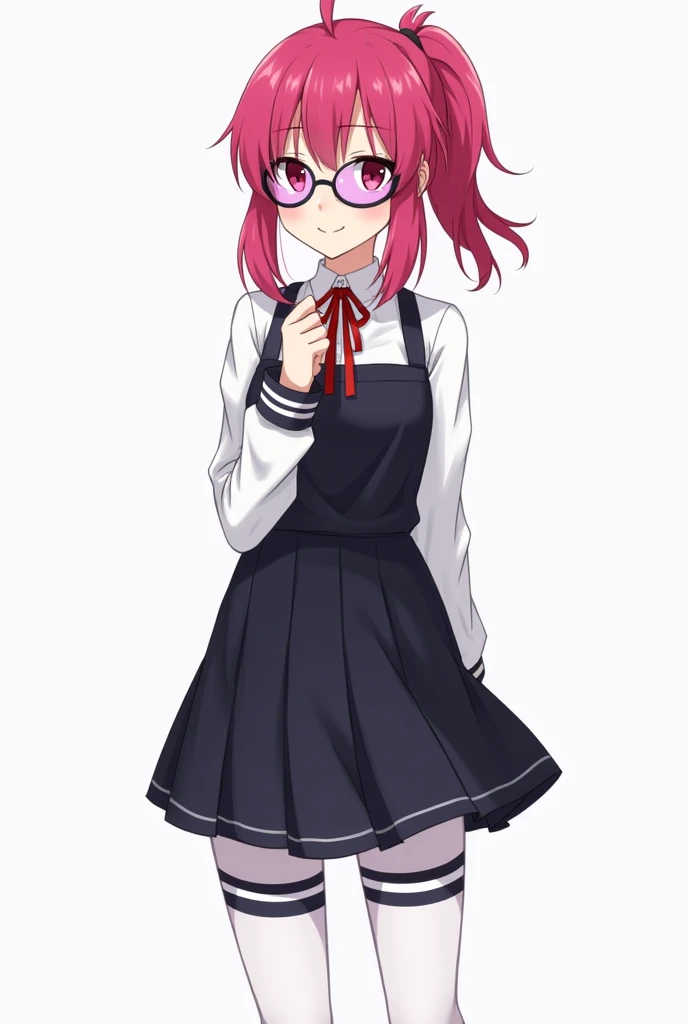  anime girl image, full body head to toe ,  The character's design features intense magenta hair ,  with a vibrant shade that mixes pink and red in a saturated shade .  The hair is smooth and voluminous ,  falling on the shoulders , } with a slightly messy...