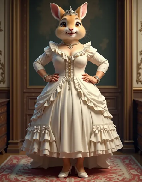  photorealistic portrait of Dressed animals-a ((fat)) baby (peter rabbit) princess,(furry),(art by Giuseppe Arcimboldo),  (elegant pose:1.5),(front view:1.5), (hands on hips:1.5),(smile:1.5),high quality,(),(lovely) ,intricate details, Wearing Gothic & Lol...