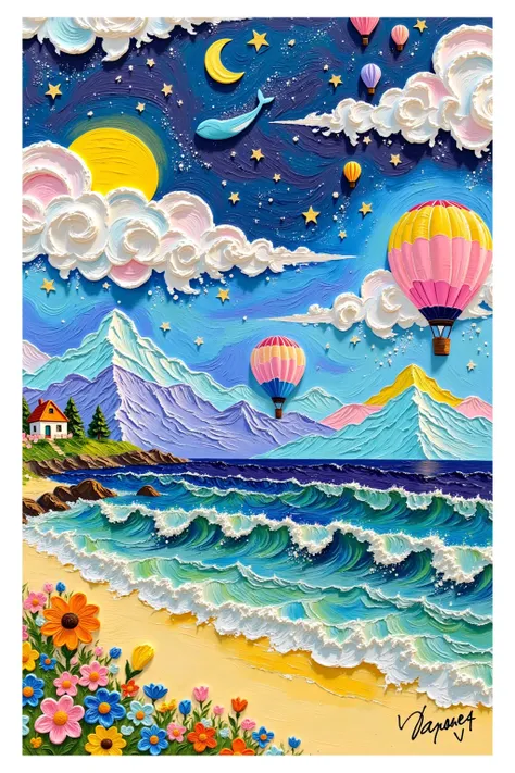 acrylic paint \(medium\), artist name, beach, bird, cake, christmas tree, city, cloud, cloudy sky, Constellation, crescent, crescent moon, earth \(Planet\), flower, food, horizon, house, island, moon, a cute witch in a red dress, mountain, night, night sky...