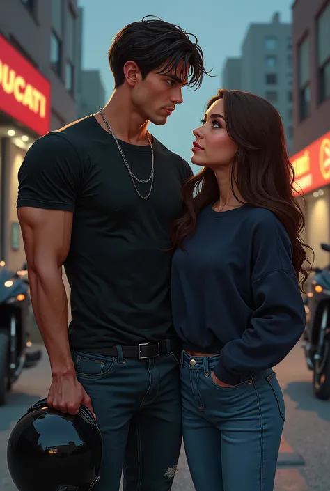 young couple, 21-year-old , high, strong,  with muscles evident in clothing ,  short, disheveled dark hair ,  light green eyes,  fair skin , jawbone defined almost square ,  full lips,  thin nose and thick eyebrows ,  You wear a tight black t-shirt that ma...