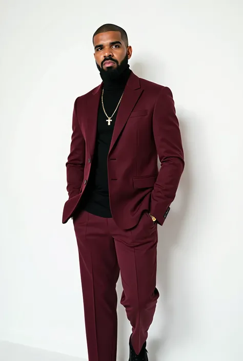 Drake wearing a burguncy fitted blazer, black top, textured skin, with burgundy trousers, black sneakers. looking like gq very elegant. White background. High image resolution. high definition image quality, professional photography. Soft lighting. Editori...