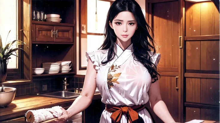 (8K ultra HD photorealistic:1.6), (masterpiece details:1.5), (((divine beauty))),lace apron (pure cotton base:1.3/hand-embroidered trim:1.2), bending dishwashing pose (fabric tension at waist:1.4), window backlight (water droplet refraction effect:1.25), t...