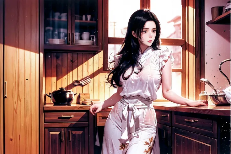 (8K ultra HD photorealistic:1.6), (masterpiece details:1.5), (((divine beauty))),lace apron (pure cotton base:1.3/hand-embroidered trim:1.2), bending dishwashing pose (fabric tension at waist:1.4), window backlight (water droplet refraction effect:1.25), t...