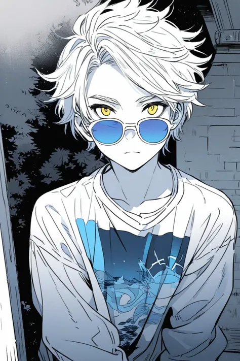 lineart, monochrome, Granblue Fantasy style, 
(1boy), 18 years old, naughty boy, yellow eyes, cold eyes, blue sunglasses with white rims, undercut, short hair, dreadlocks hair, white hair, swept bangs, wavy hair, front view, very detailed , {{{Masterpiece}...