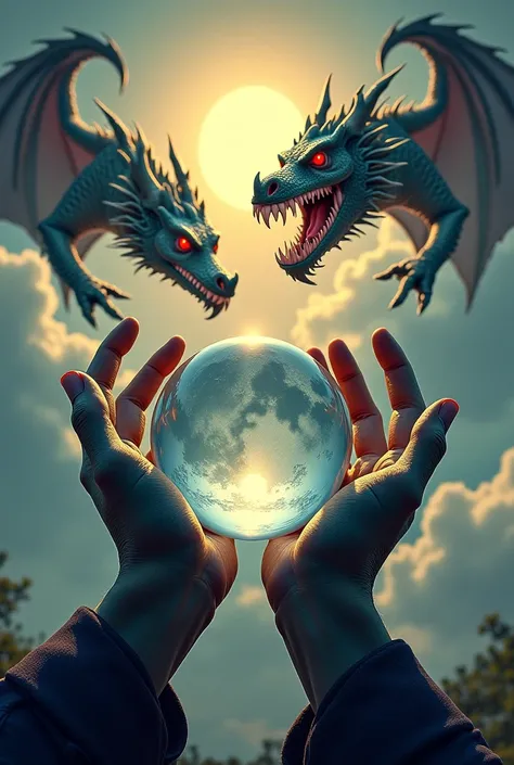 Witch's hands holding a crystal ball inside a dragon flies around the sun that is next to the moon