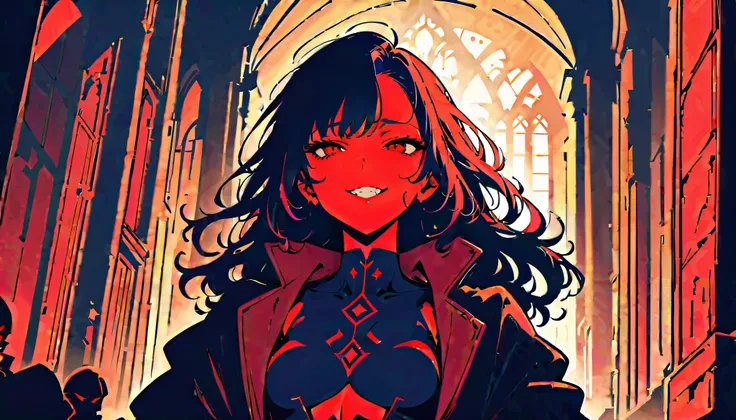 (masterpiece, Highest quality, Official Art:1.2), 
Looking at the audience, One Girl, alone, 
(red long hair, wavy hair) and (red eyes), long flowing coat, 
naughty face, spooky, ruined church, 
flat color illustrations, highly detailed, Dynamic Angle, bea...