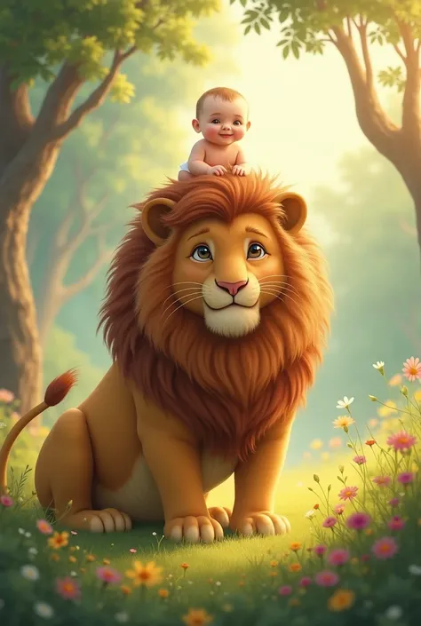 Baby sitting on lion